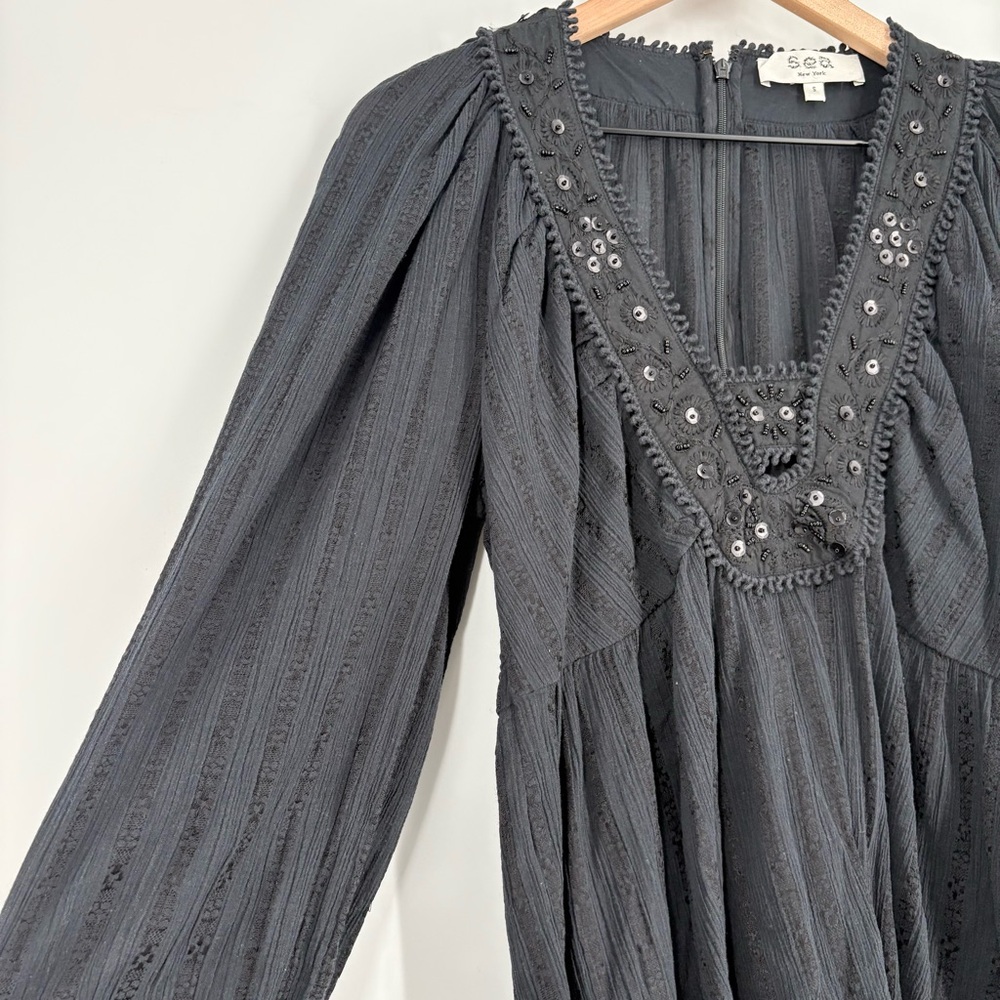 Sea New York Charlotte Embroidery Long Sleeve Black Beaded Top - Picture 7 of 16